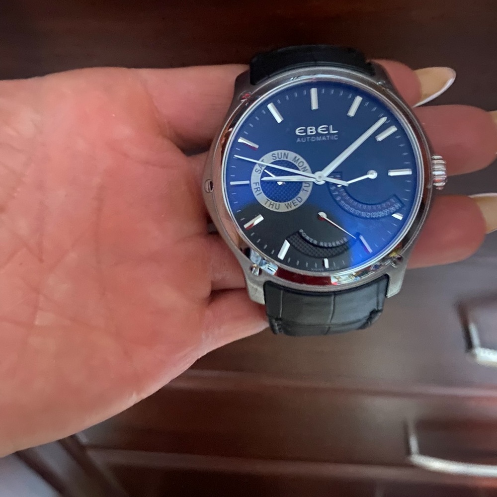 Ebel Men's Automatic Watch with Blue Dial and Black Leather Strap